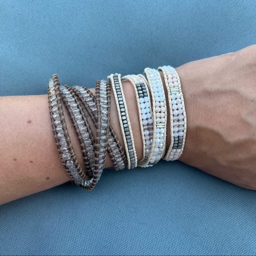 2 Leather Wrap Beaded Crystal Bracelets Brown White Tan Clear